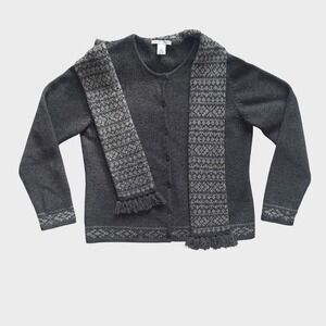 Jillian Jones Womens Lambswool Cardigan Scarf Set Gray Fair Isle Knit Large